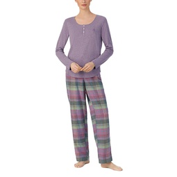 Henley Knit Top Woven Pant Pajama Set