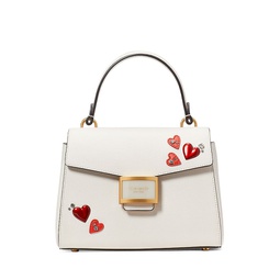 Katy Heart Embellished Texture Leather Small Top Handle Bag