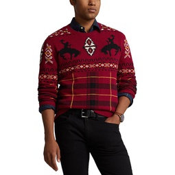 Wool Blend Chunky Knit Western Fair Isle Regular Fit Crewneck Sweater