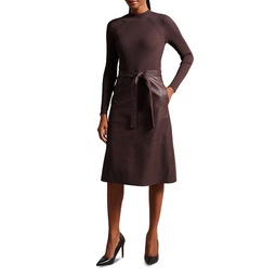 Alltaa Mixed Media Fit and Flare Faux Leather Dress