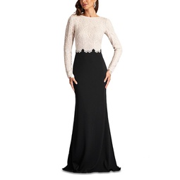 Long Sleeve Corded Lace Crepe Gown