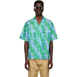 Green Stripy Flower Bowling Shirt 231379M192027