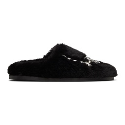 Black Embellished Furry Slippers 232405F121000
