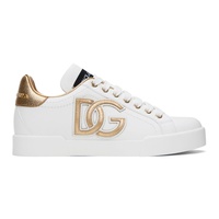 White & Gold Calfskin Portofino DG Logo Sneakers 241003F128004