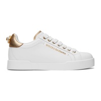White & Gold Nappa Calfskin Portofino Lettering Sneakers 241003F128008