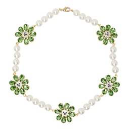 White & Green Crazy Daisy Pearl Necklace 241101F023000