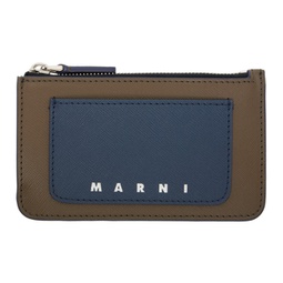 Navy & Taupe Saffiano Leather Card Holder 241379M163007