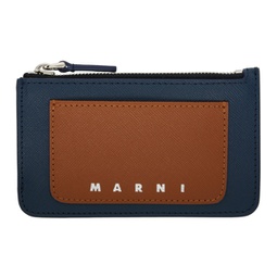 Navy & Brown Saffiano Leather Card Holder 241379M163008