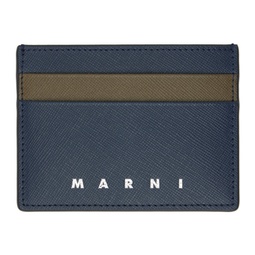 Navy & Taupe Saffiano Leather Card Holder 241379M163015