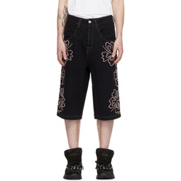 Black Embroidered Denim Shorts 241950M193000
