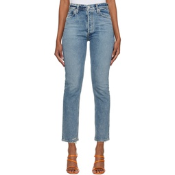 Blue High Rise Straight Jeans 231030F069040
