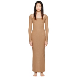 Tan Soft Lounge Shimmer Long Sleeve Maxi Dress 231545F055012