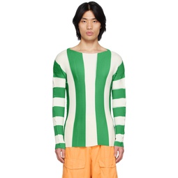 Green   White Pleated Stripe T Shirt 231736M213014