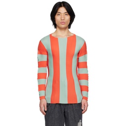 Blue   Orange Pleated Stripe T Shirt 231736M213015