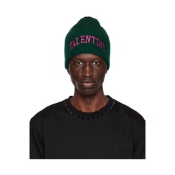 Green Embroidered Beanie 231807M138005