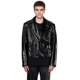 Black Cropped Faux Leather Jacket 232107M180004