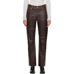 Brown Paneled Leather Pants 232188F084002