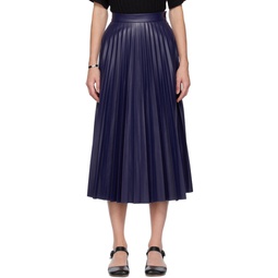 Navy Pleated Faux Leather Midi Skirt 232188F092002