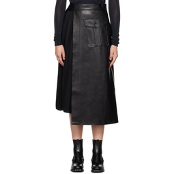 Black Pleated Faux Leather Midi Skirt 232428F092001