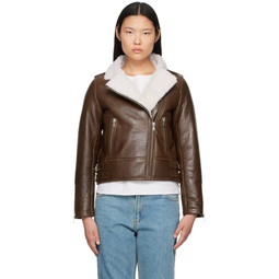 Brown Zip Leather Jacket 232516F064000