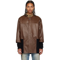 Brown Cut Through Leather Jacket 232612M181000
