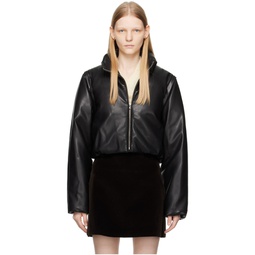 Black Cropped Faux Leather Down Jacket 232666F061003