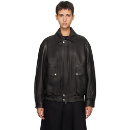 Black Oversized Leather Jacket 232965F064004
