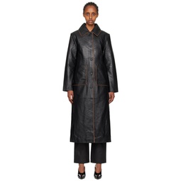 Black Semi Fitted Leather Coat 232985F059001