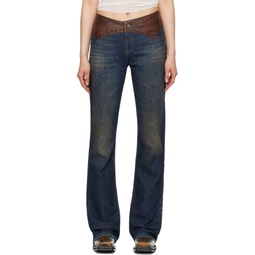 Indigo Contrast Leather Jeans 241603F069005