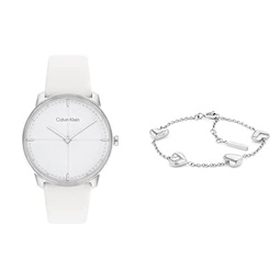 Calvin Klein Unisex Quartz Stainless Steel Case Watch with White Leather Strap with Womens Silver Chain Bracelet