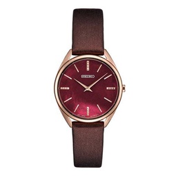 Seiko Womens Red Mother of Pearl Dial Brown Leather Band Quartz Watch