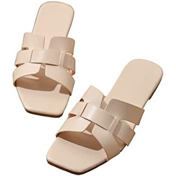 WDIRARA Womens Open Square Toe PU Leather Slip On Slides Dressy Flat Sandals