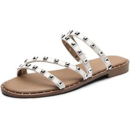DREAM PAIRS Womens Clear Studded Rhinestone Slide Sandals Slip on Open Toe Cute Flat Sandals for Summer
