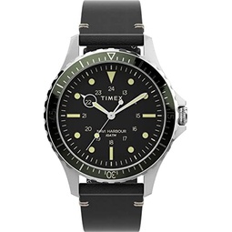 Timex Mens Navi XL 41mm Watch  Stainless Steel Case Black Dial Green Top Ring with Black Genuine Leather Strap