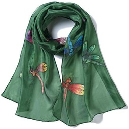 Invisible World Womens 100% Mulberry Silk Scarf Long Hand Painted Dragonfly