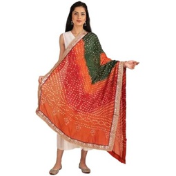 Exotic India Multi-coloured Tie-Dye Bandhani Dupatta From Gujarat with Zari Patch Border and Beadwork - Art Silk