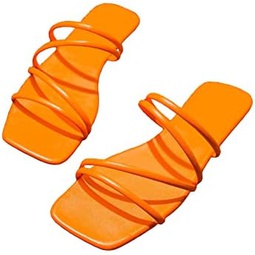 WDIRARA Womens Strappy Open Toe PU Leather Slip On Slides Dressy Flat Sandals