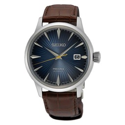 SEIKO Mens Blue Sunray Dial Brown Leather Band Presage Cocktail Time Automatic Analog Watch
