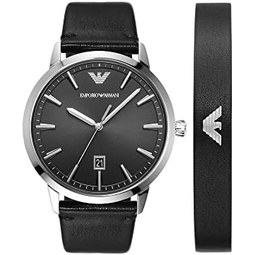 Emporio Armani Mens Three-Hand Date Black Leather Watch