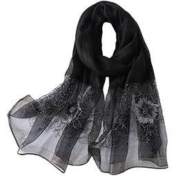 WINCESS YU Women Mulberry Silk Scarf Long & Large Embroidered Floral Pattern Shawl and Wraps Neckerchief for Hair & Neck…