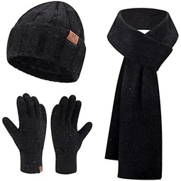 Womens Winter Warm Knit Beanie Hats and Touchscreen Gloves Long Scarf Sets with Sequins Thick Fleece Lined