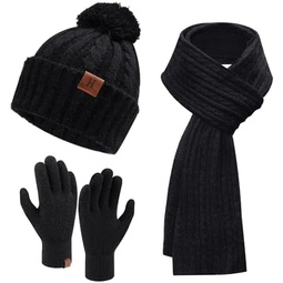 Womens Winter Warm Beanie Hat Touchscreen Gloves Long Scarf Set Ribbed Cable Knit with Fleece Lined Skull Pom Caps