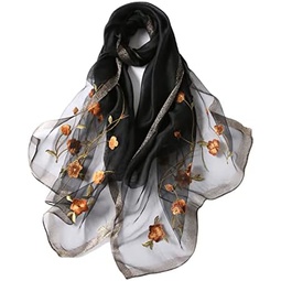 Jeelow Elegant Silk-Wool Blend Scarf Shawl Wrap - Lightweight & Sheer for Women - Embroidered Design for Weddings & Parties