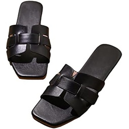WDIRARA Womens Open Square Toe PU Leather Slip On Slides 원피스Y Flat Sandals