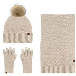LumiSyne Winter Scarf Hat Glove Set Rhombus Knitted Beanie Hat with Pom Pom Long Scarf Touch Screen Gloves Warm Soft Wool