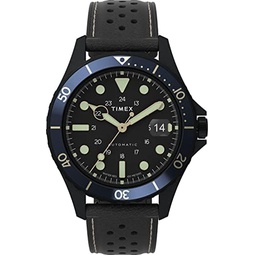 Timex Mens Navi XL Automatic 41mm Watch  Black Stainless Steel Case & Dial Blue-Black Top Ring with Black Genuine Leather Strap