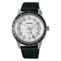 SEIKO Mens Grey Dial Black Leather Band Presage Automatic GMT Analog Watch