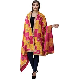 Exotic India Phulkari Dupatta from Punjab with Embroidery All-Over and Mirrors - Art Silk