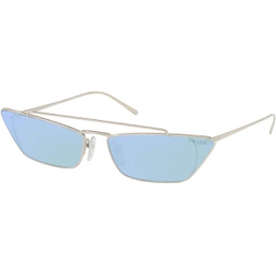 Prada PR 64US 1BC123 Silver Metal Cat-Eye Sunglasses Blue Mirror Lens