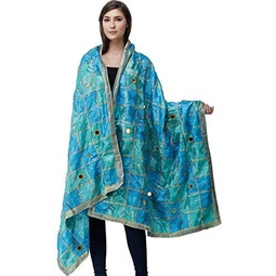 Exotic India Phulkari Dupatta from Punjab with Embroidery All-Over and Mirrors - Art Silk